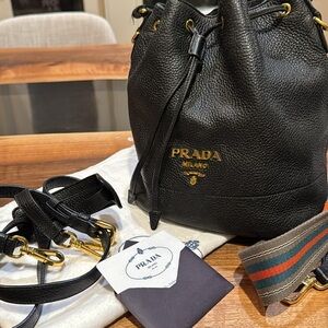 Prada Black Pebbled Leather Drawstring Bucket Bag with Gold Hardware